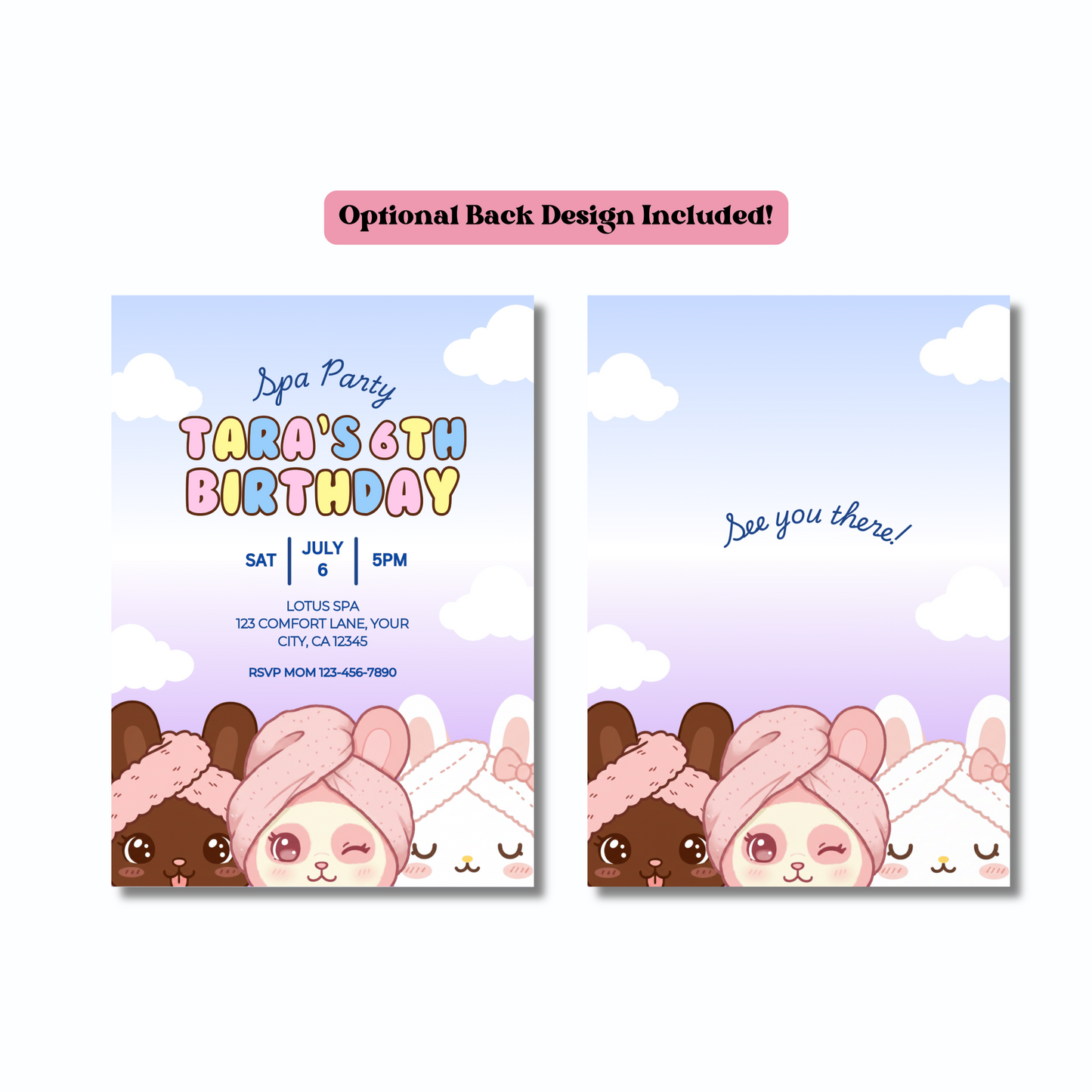 Spa Party Editable Invite, Kawaii Bunnies Slumber Party Invitation, Instant Download 5x7