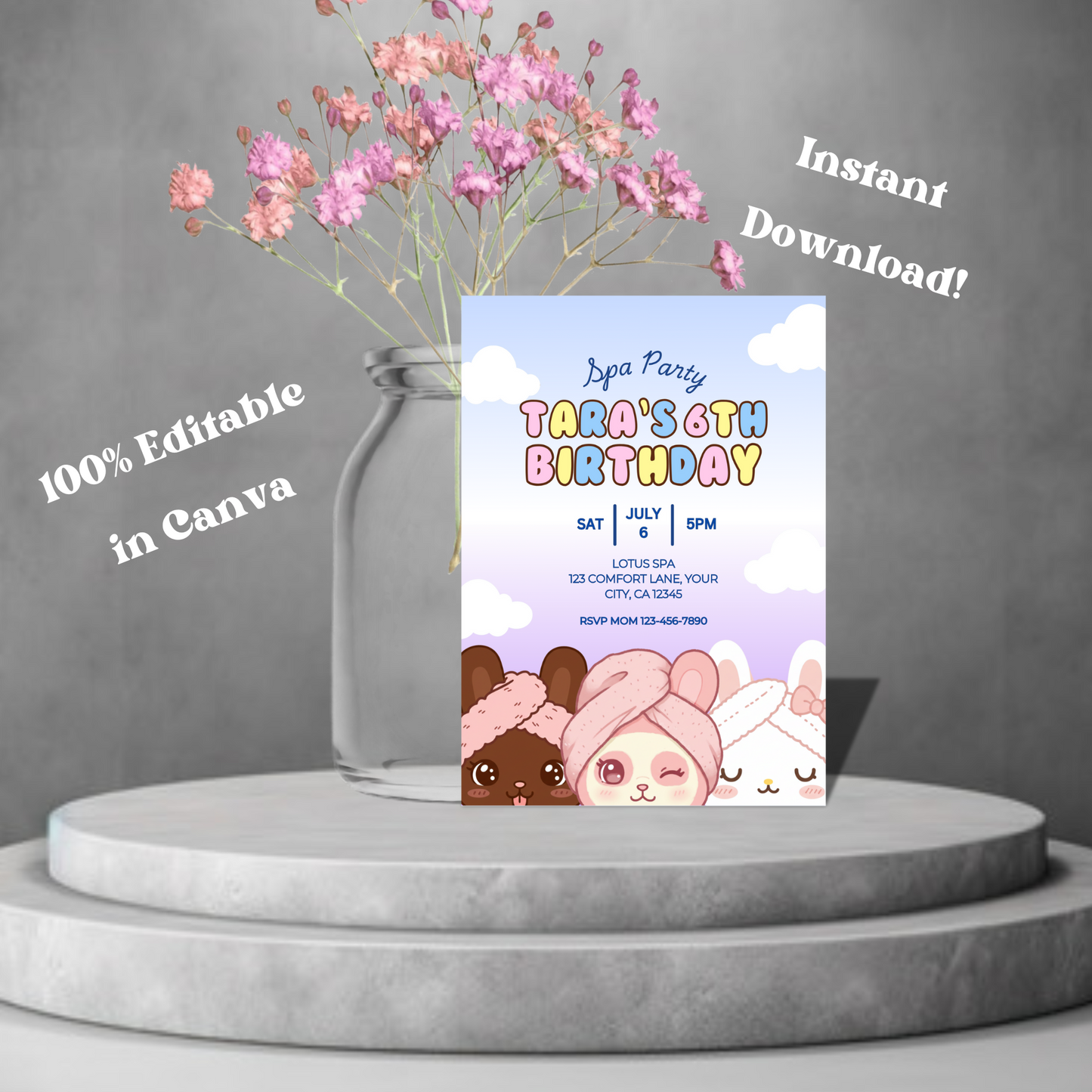 Spa Party Editable Invite, Kawaii Bunnies Slumber Party Invitation, Instant Download 5x7