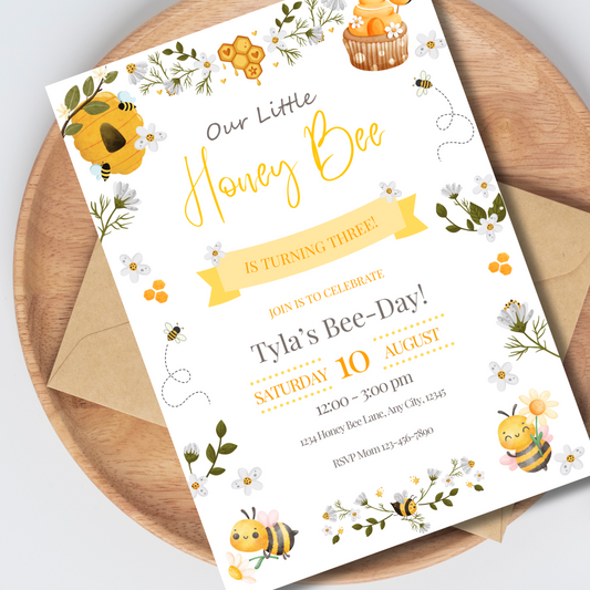 Bee Birthday Invitation, Little Honey Bee-Day Party Invite, Editable Bee Invitation Template, Bee Birthday, INSTANT DOWNLOAD