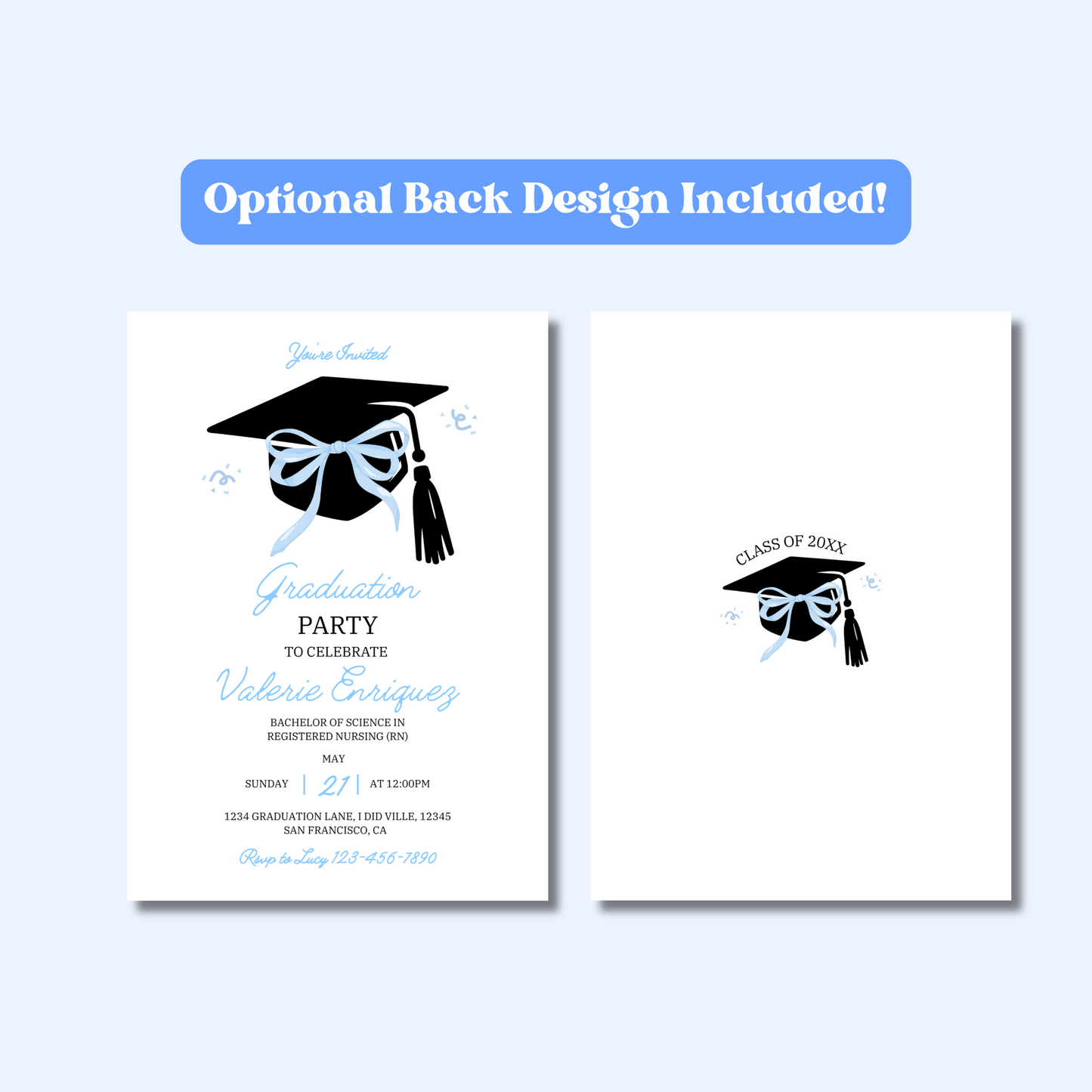 Graduation Invitation, Coquette Grad Cap Invite, Cute Blue Bow College Graduation Party Announcement, Senior Graduation Invite 5x7