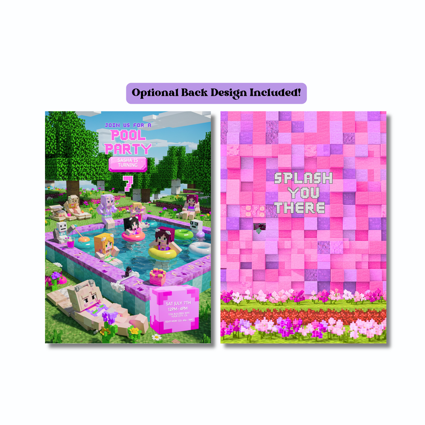 Pixel Pool Party Editable Invitation Template - Minecraft-Inspired Pink Pool Party Invite 5x7, Instant Download