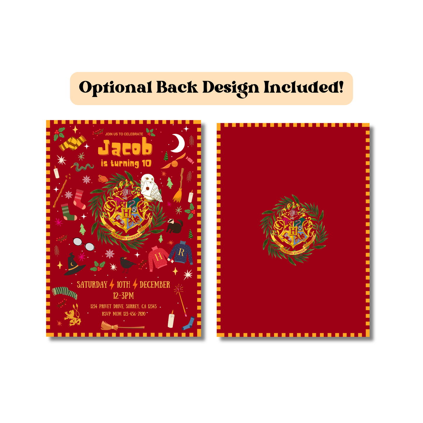 Magical Wizard Christmas Birthday Invitation, Holiday Party Invite, Red Winter Wizarding Theme, Editable Template, Instant Download, 5x7