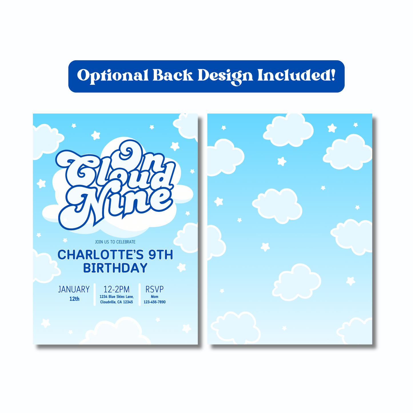 On Cloud Nine Invite Editable, Cute Blue Cloud Party Invitation, Cloud 9 Sleepover Invite Printable 5x7