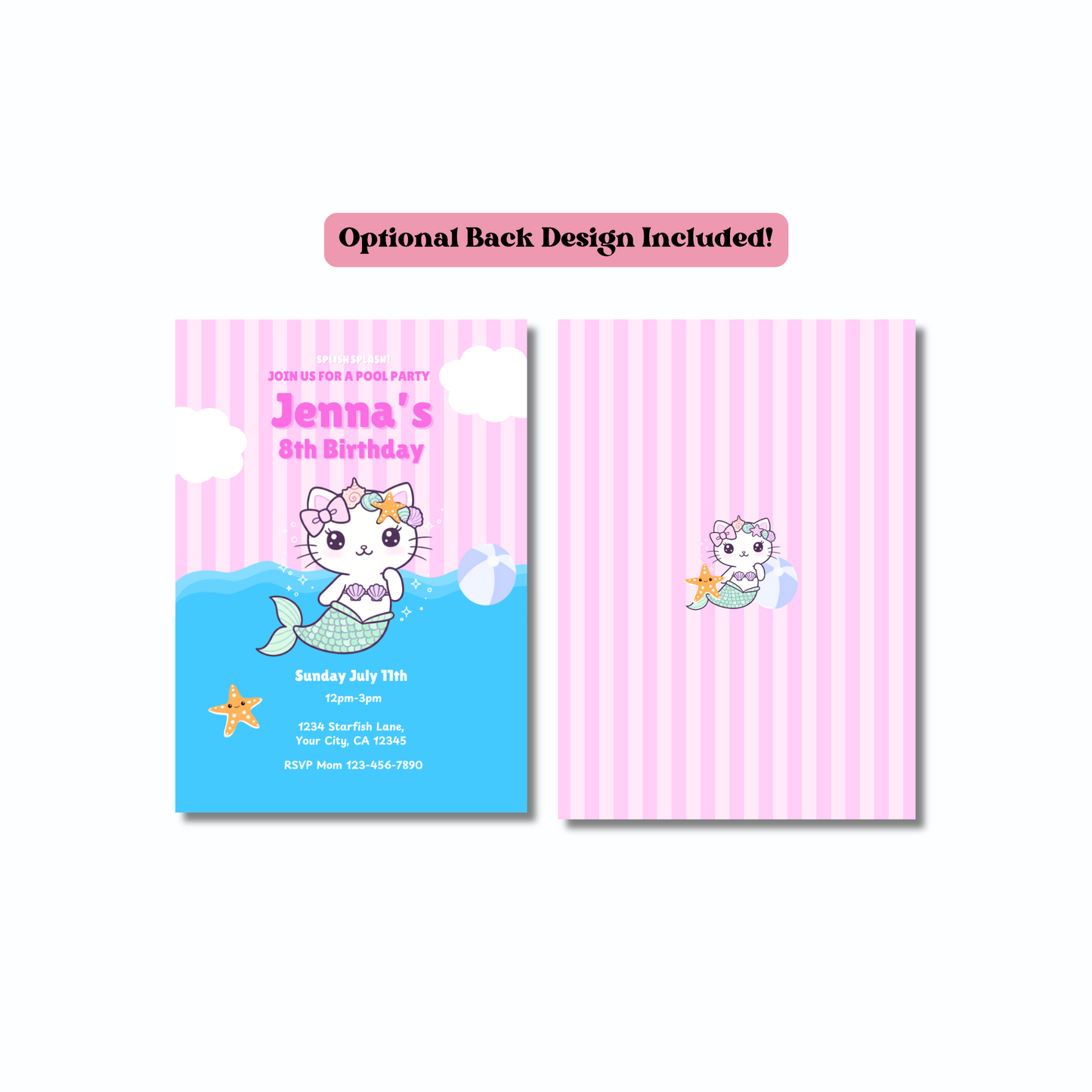 Cat Mermaid Pool Party Invitation, Kawaii Pool Party Invitation, Cute Splish Splash Pool Invite, Instant Download 5x7