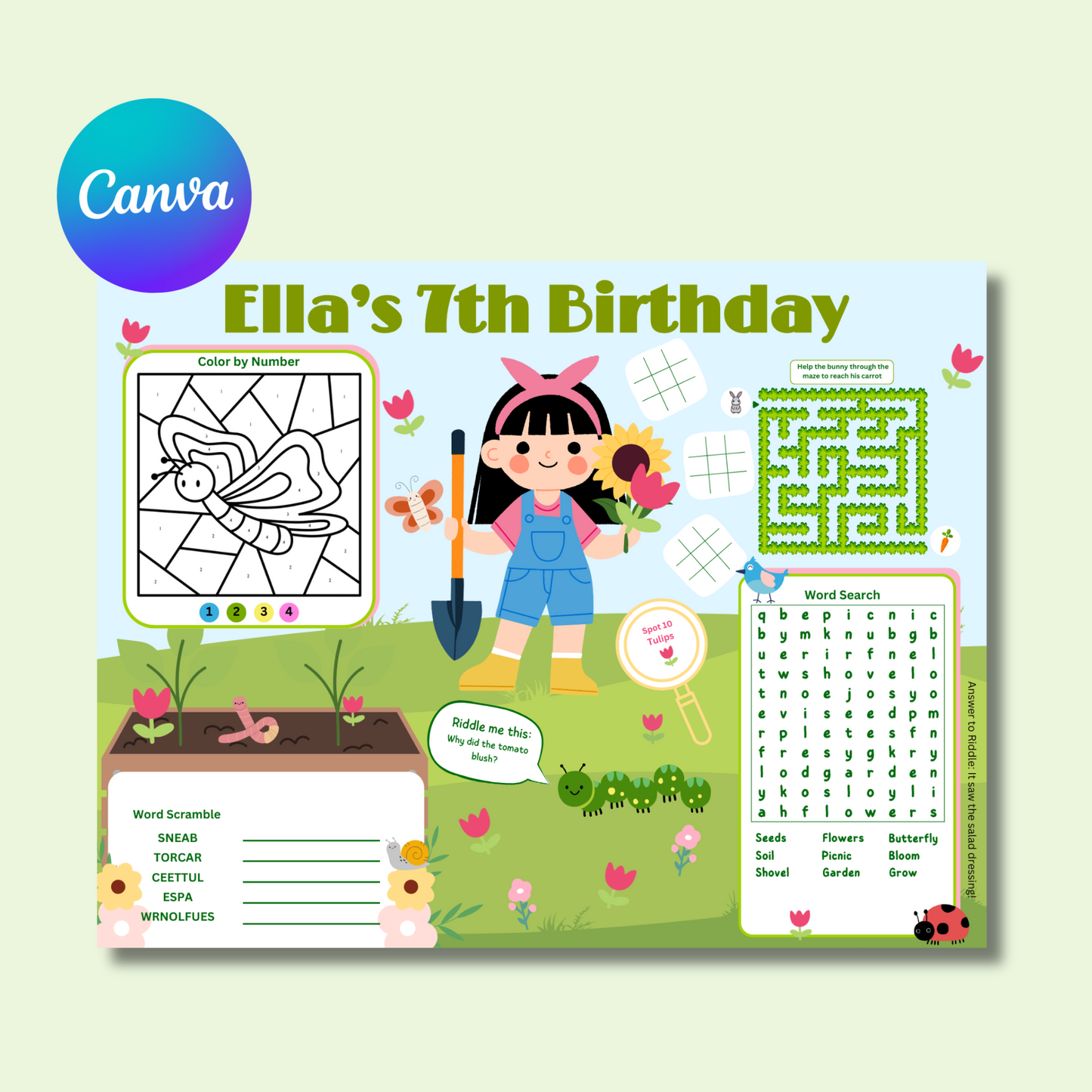 Garden Editable Activity Placemat, Kids Garden Birthday Activity Page Template in Color