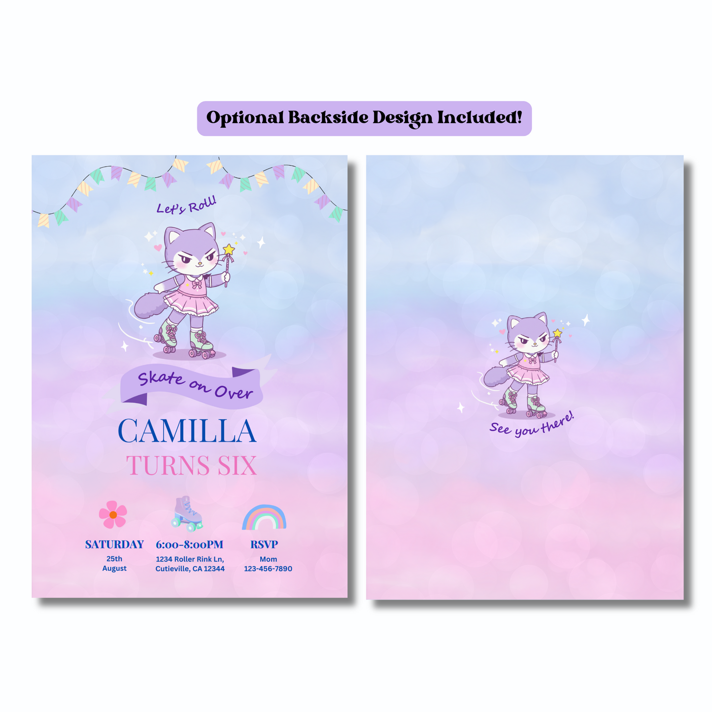 Cat - Let’s Roll! Roller Skating Birthday Invite Editable, Kawaii Party Invitation, Roller Skates Party Invite Printable, 5x7 Hand Drawn