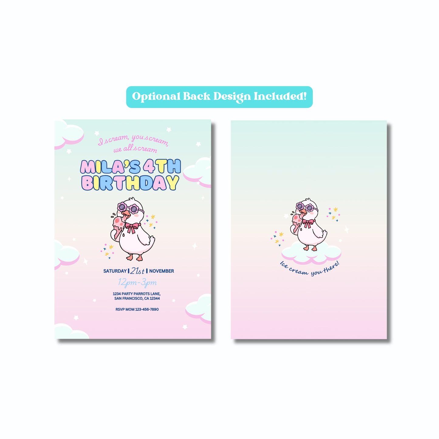 Groovy Duck Ice Cream Party Birthday Invite Editable | 5x7 | Instant Download