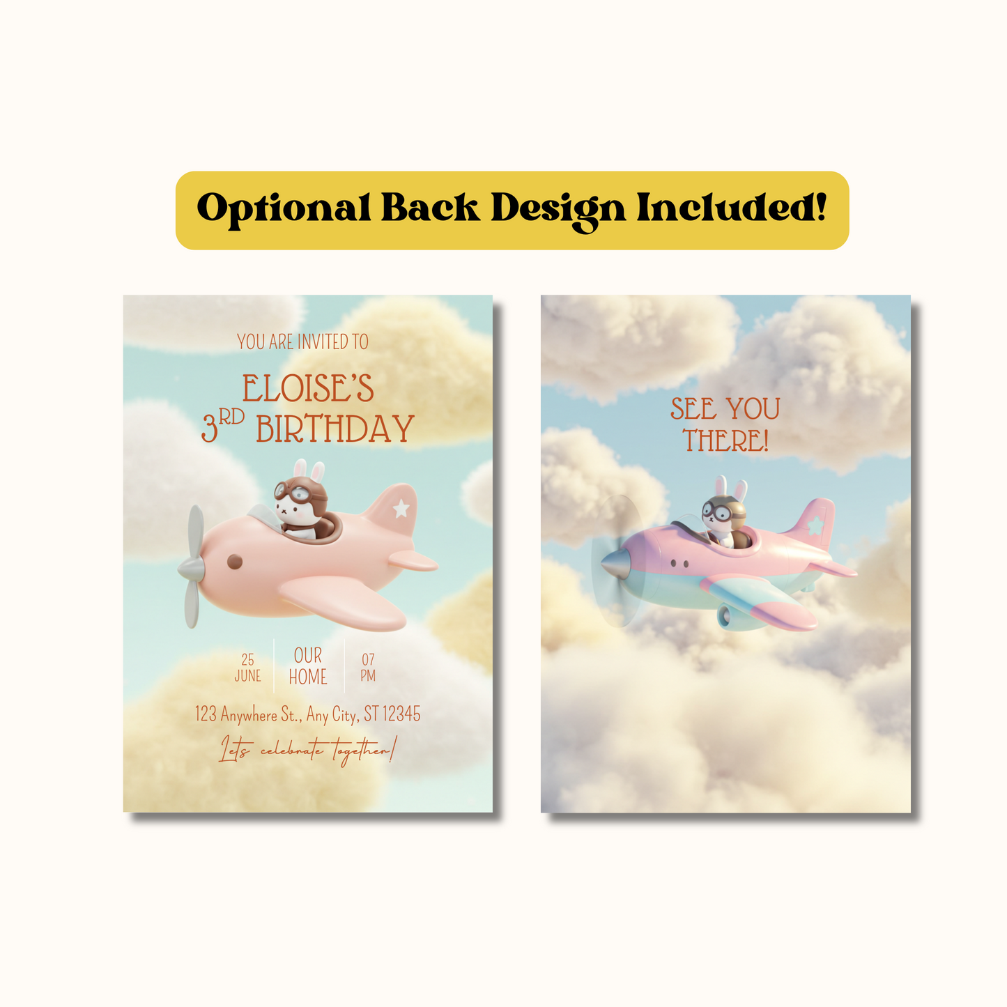 Airplane Kawaii Bunny Pilot Birthday Invitation, Editable Invite, Instant Download 5x7
