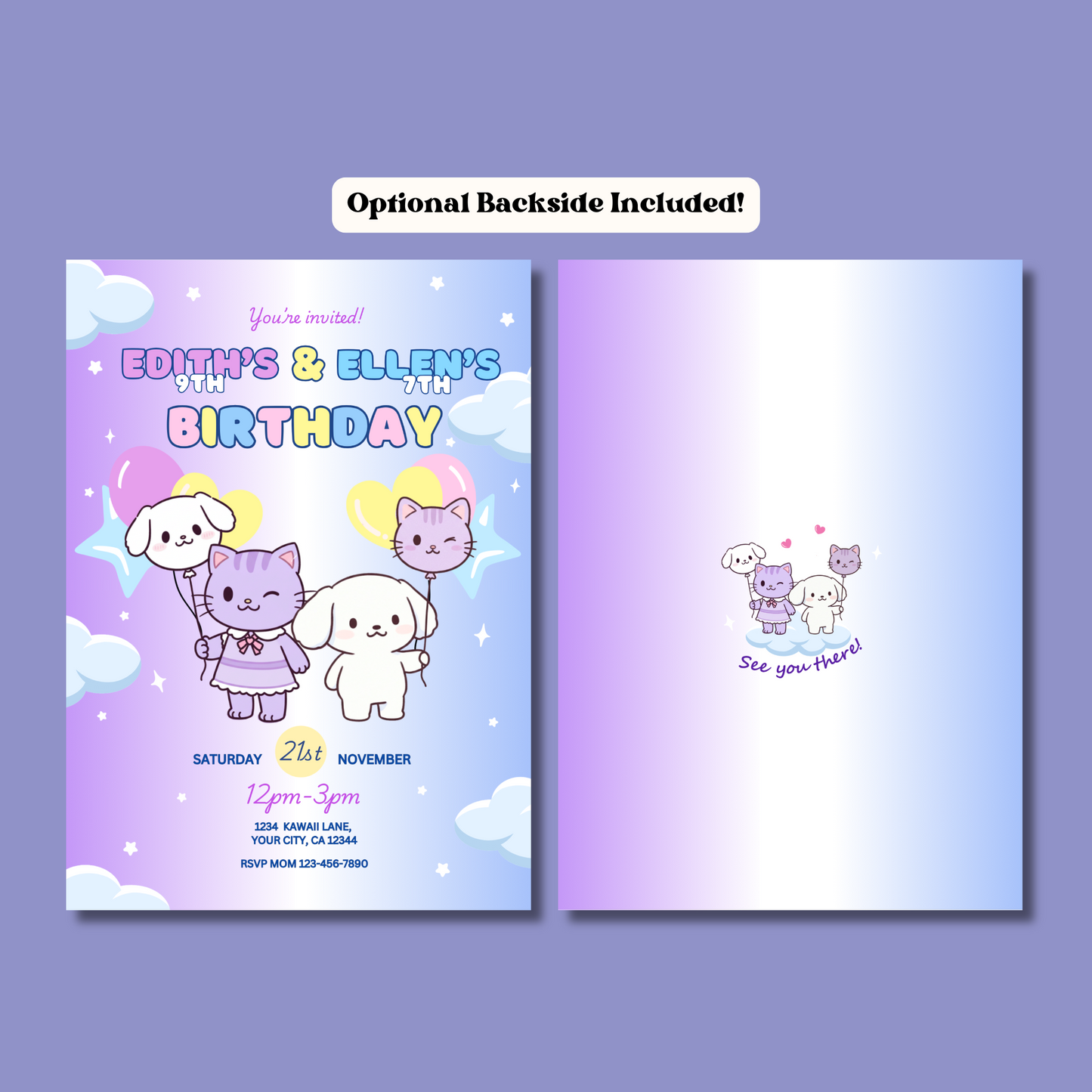 Duo Birthday Invite Editable, Kawaii Sibling Invitation, 5x7 Hand Drawn