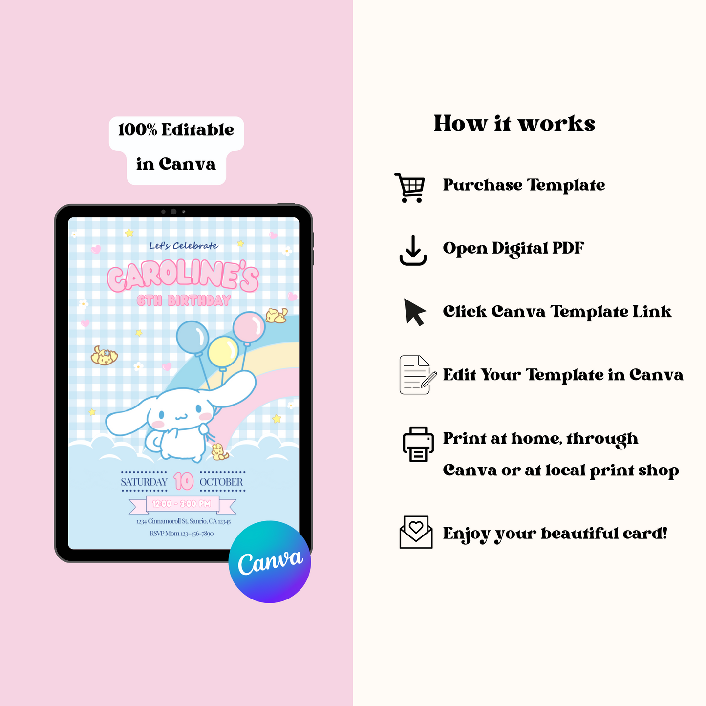 Cinnamoroll Birthday Invite Editable, Printable Sanrio Invitation 5x7 Instant Download