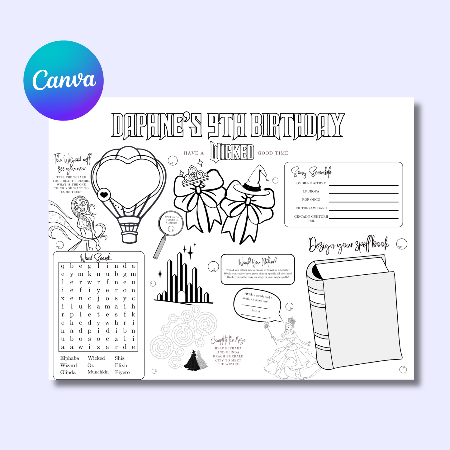 Wicked Themed Editable Activity Placemat, Kids Wizard of Oz Birthday Activity Page Template Black & White