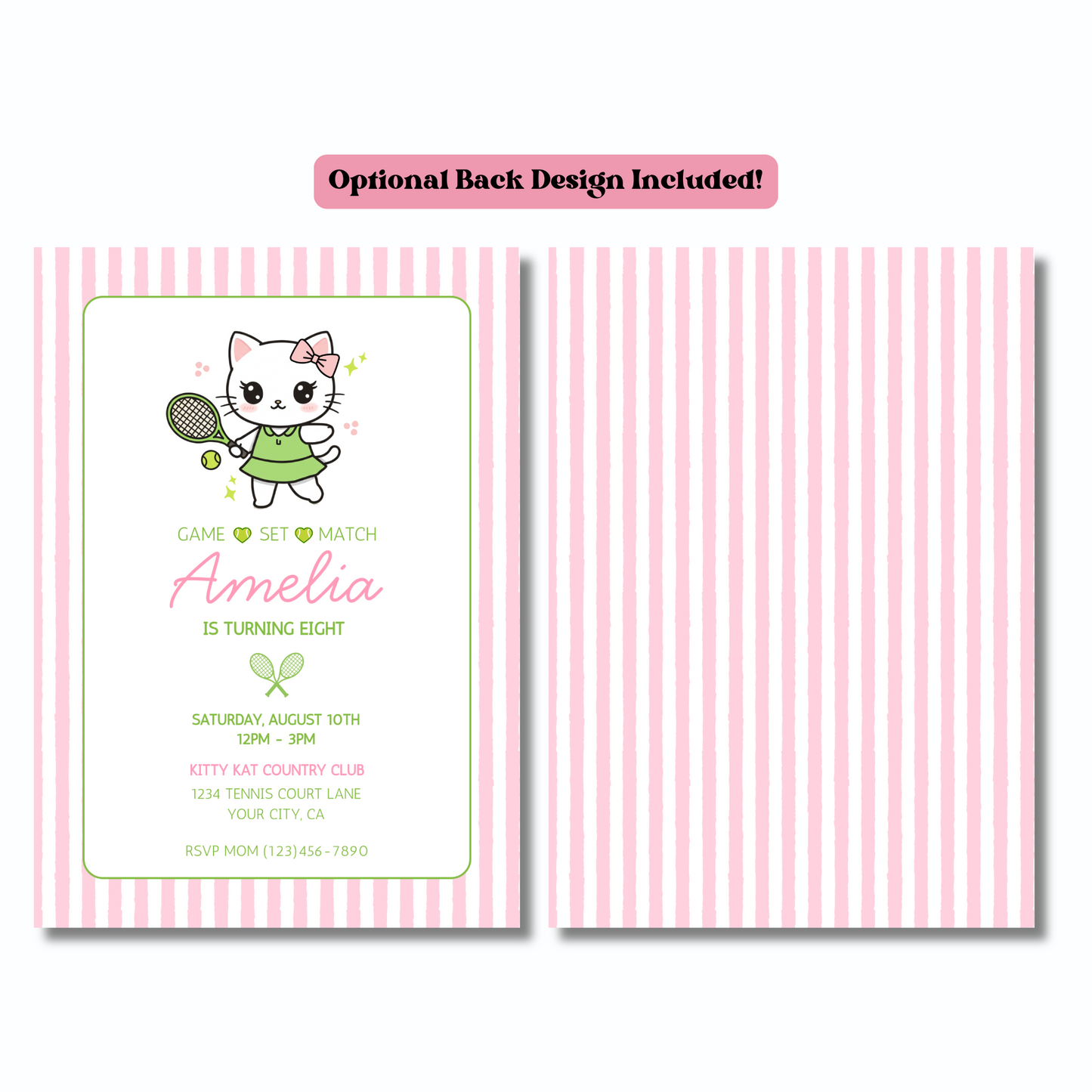 Cat Tennis Editable Birthday Invitation, Kawaii Kitty Tennis Invitation, Preppy Pink & Green Invite, Instant Download 5x7