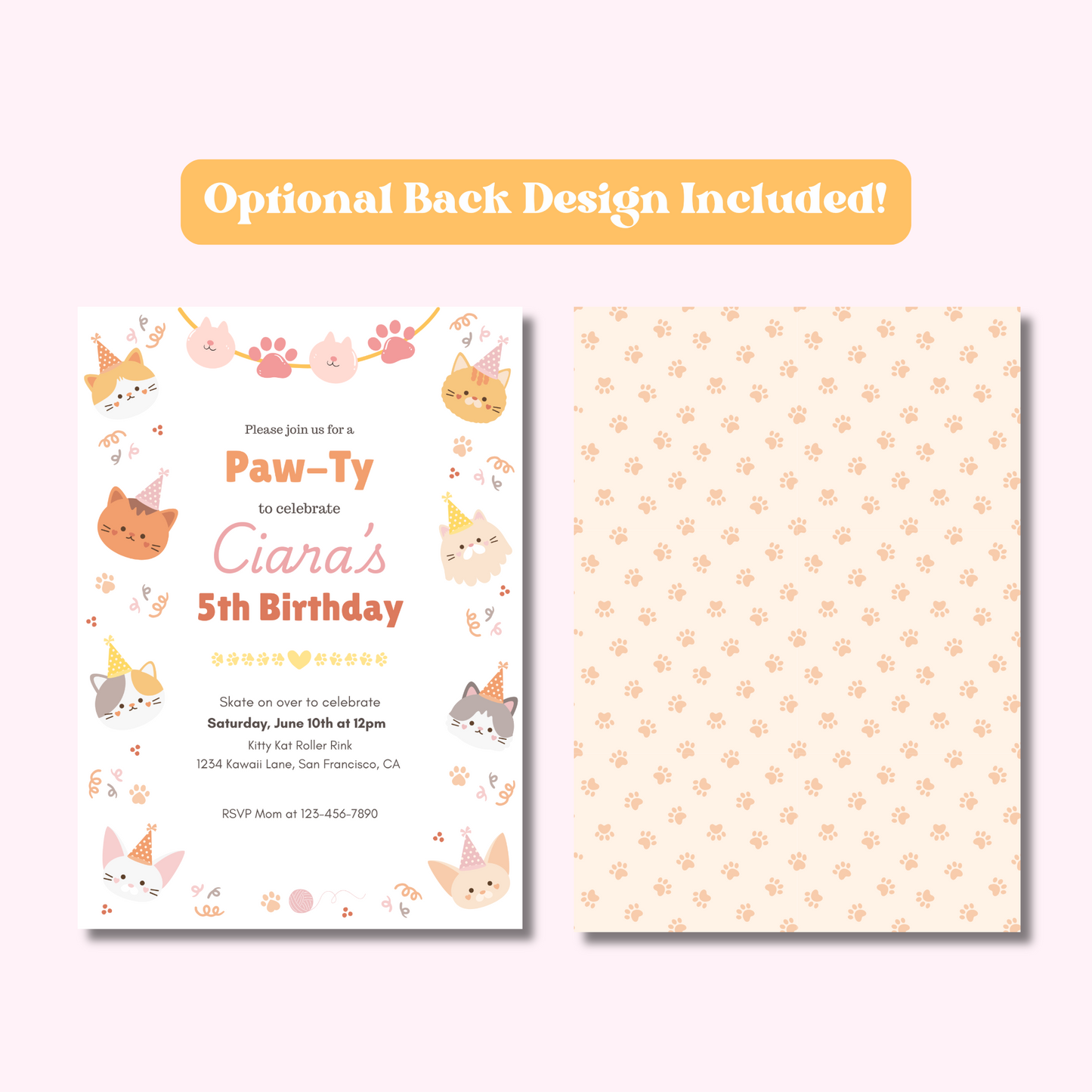 Cat Editable Invitation, Cute Cats Birthday Invite, Kitty Cat Birthday Party, Let's Pawty, Digital Template