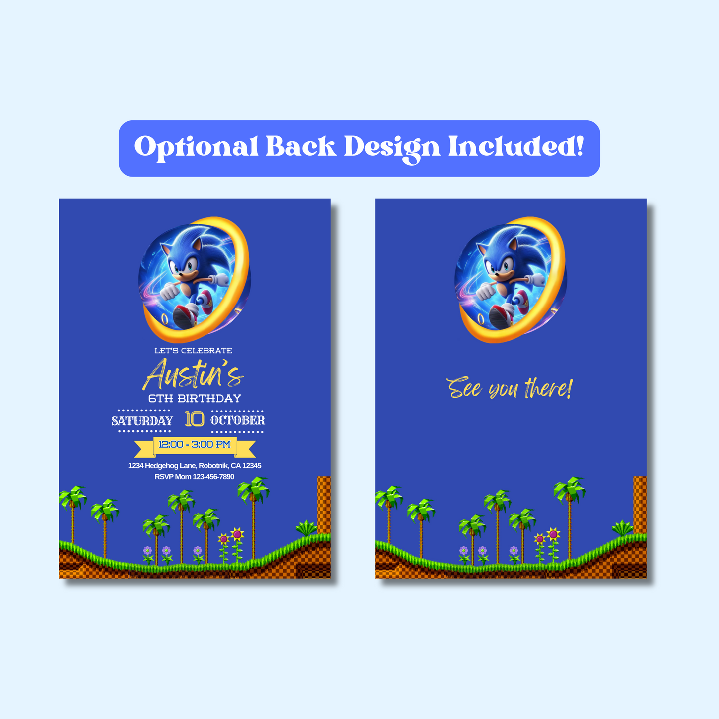 Sonic Birthday Invitation, Video Game Party Invite, Blue Boys Bday Invite, Instant Download, 5x7