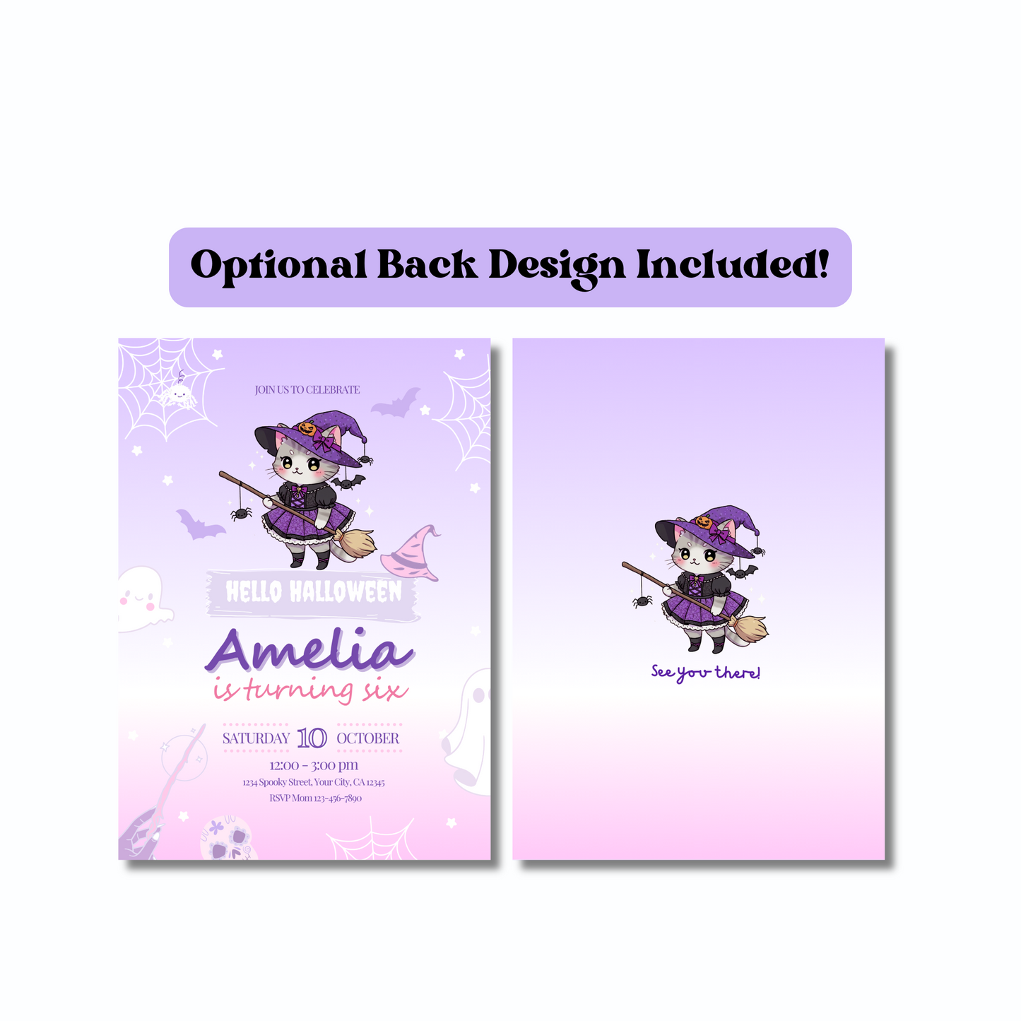 Halloween Kitty Birthday Invitation, Kawaii Witch Kitty Party Invite, Editable Template, Spooky Cute Kids Halloween Birthday, 5x7