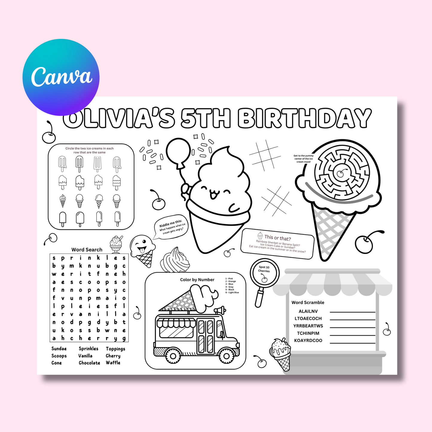 Ice Cream Themed Editable Activity Placemat, Kids Ice Cream Birthday Activity Page Template Black & White