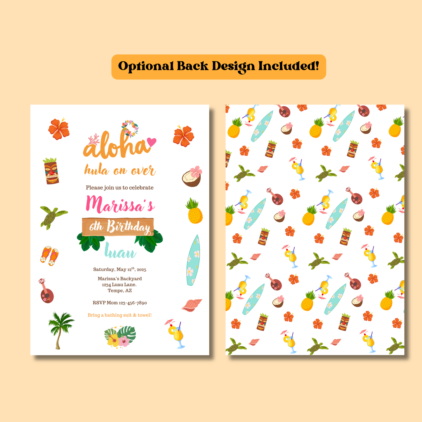 Aloha Luau Birthday Invitation Editable Template, Tropical Luau Birthday Invitation, Hawaiian Themed Party Invite 5x7