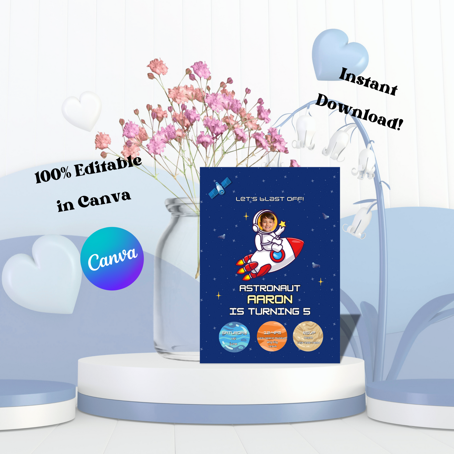 Astronaut Birthday Invitation, Space Party Invite, Editable Galaxy Rocket Template for Kids, Instant Download