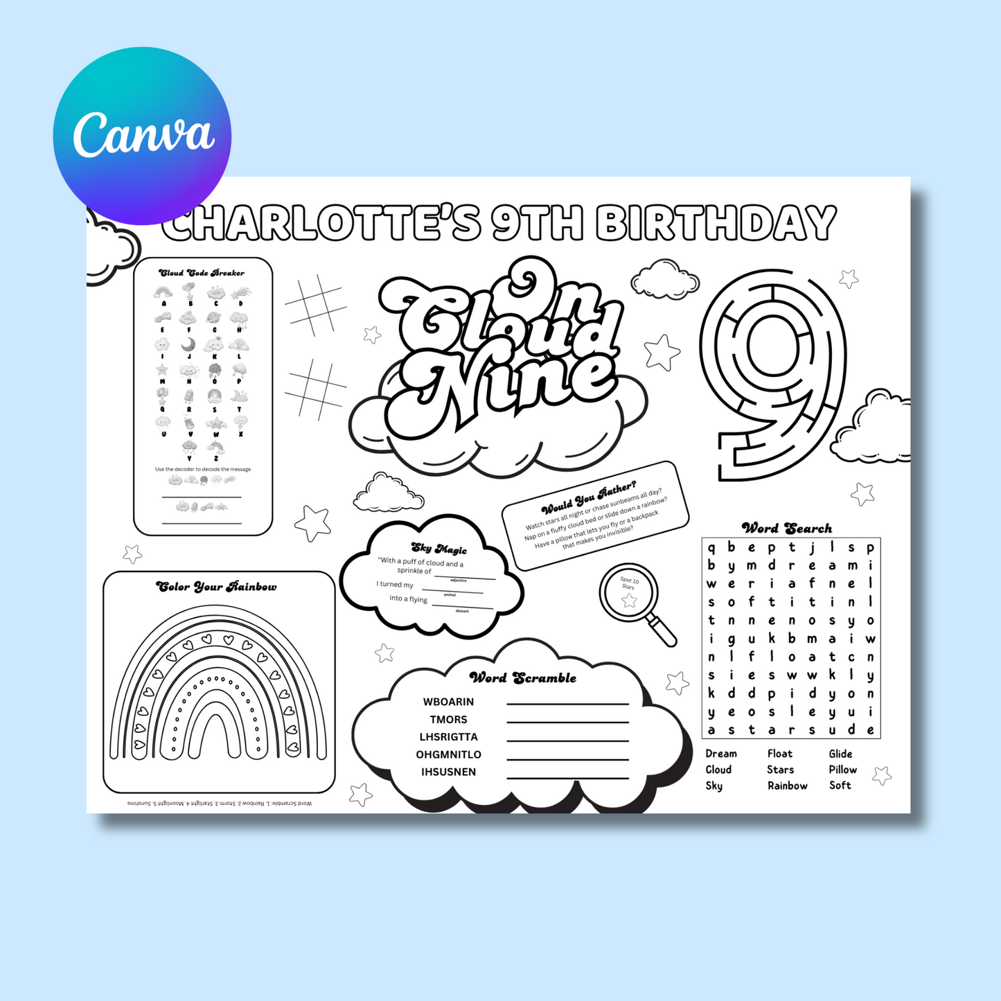 Cloud 9 Themed Editable Activity Placemat Template Black & White