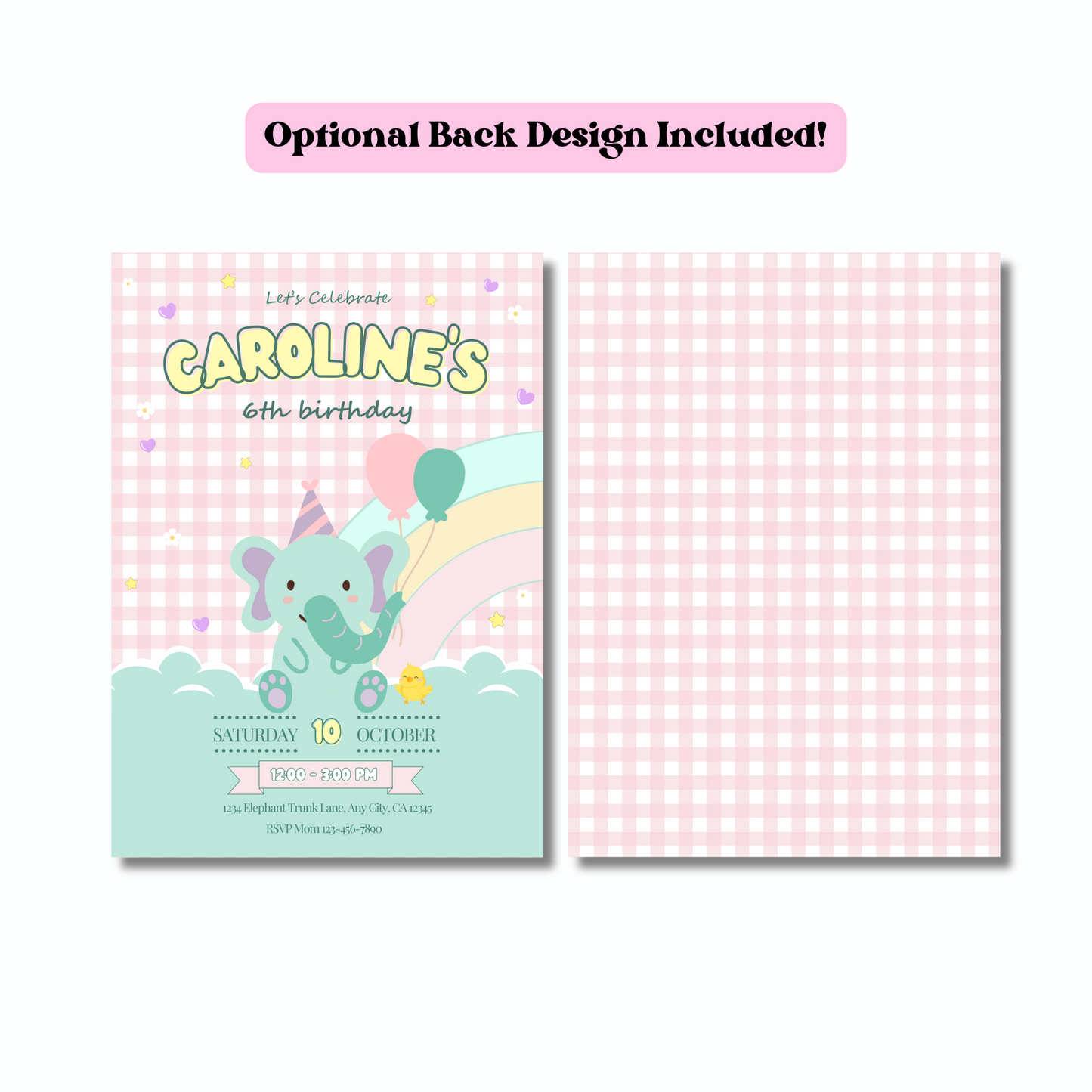 Elephant Birthday Invitation, Kawaii Elephant Party Invite, Editable Elephant Gingham Invitation Template, Kidβs Cute Elephant Birthday, Instant Download