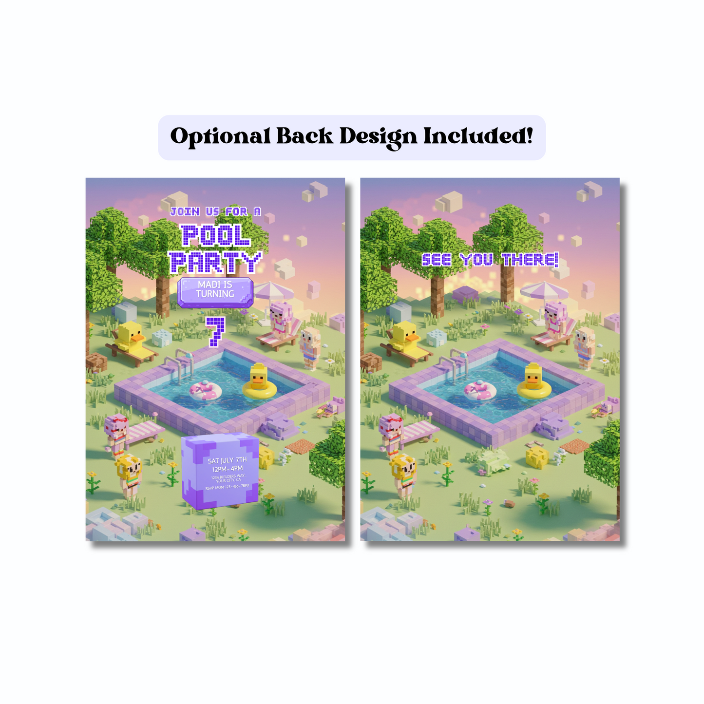Pixel Pool Party Editable Invitation Template - Minecraft-Inspired Pink Pool Party Invite 5x7, Instant Download (Copy)