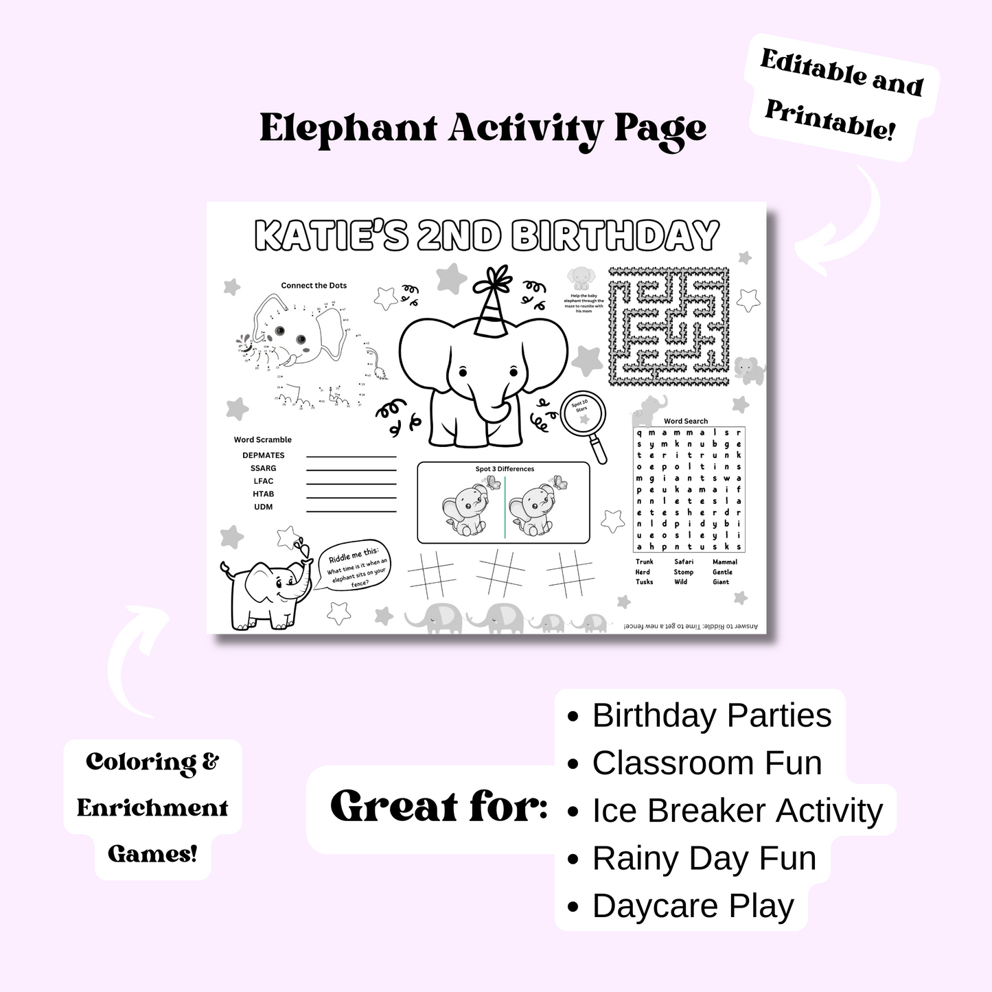 Elephant Editable Activity Placemat, Cute Elephant Birthday Activity Page Template Black & White