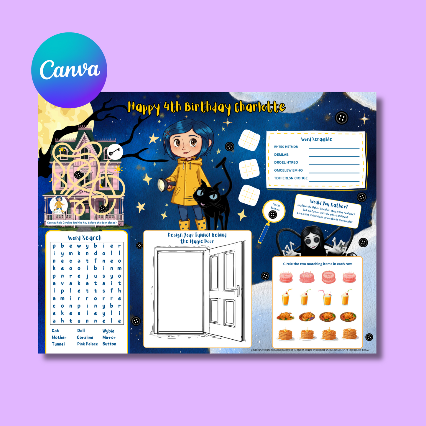 Coraline Activity Placemat Editable Template, Digital Download In Color