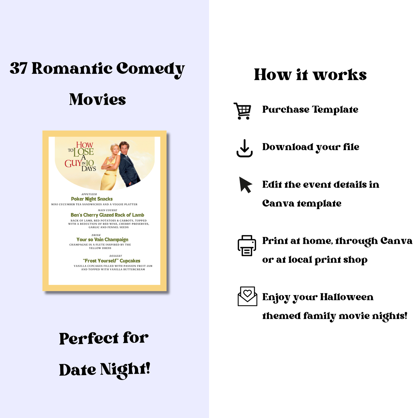 Romantic Comedy Movie Night Menus: 30+ Editable RomCom Date Night Menu Ideas (Printable Canva Template)