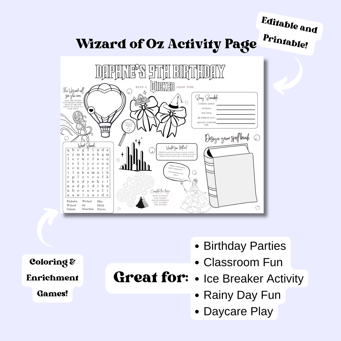 Wicked Themed Editable Activity Placemat, Kids Wizard of Oz Birthday Activity Page Template Black & White
