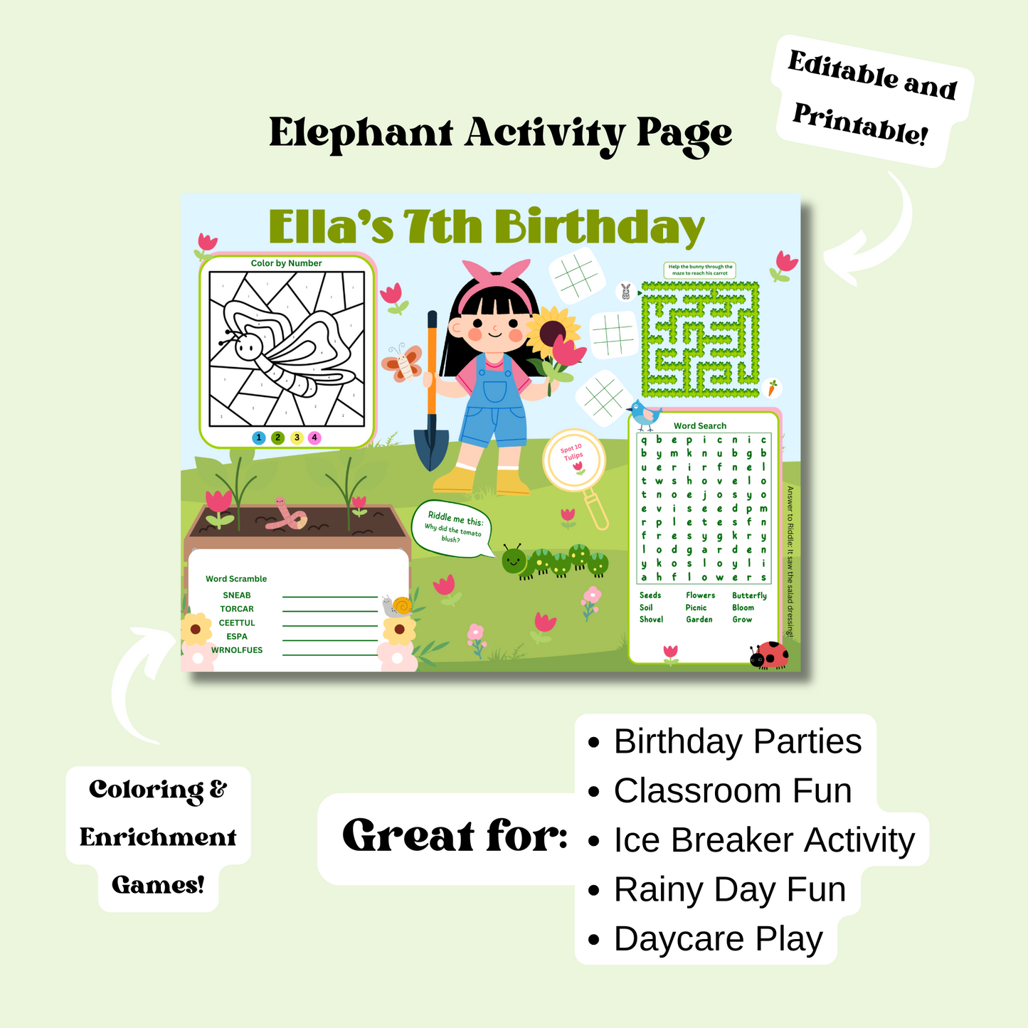 Garden Editable Activity Placemat, Kids Garden Birthday Activity Page Template in Color