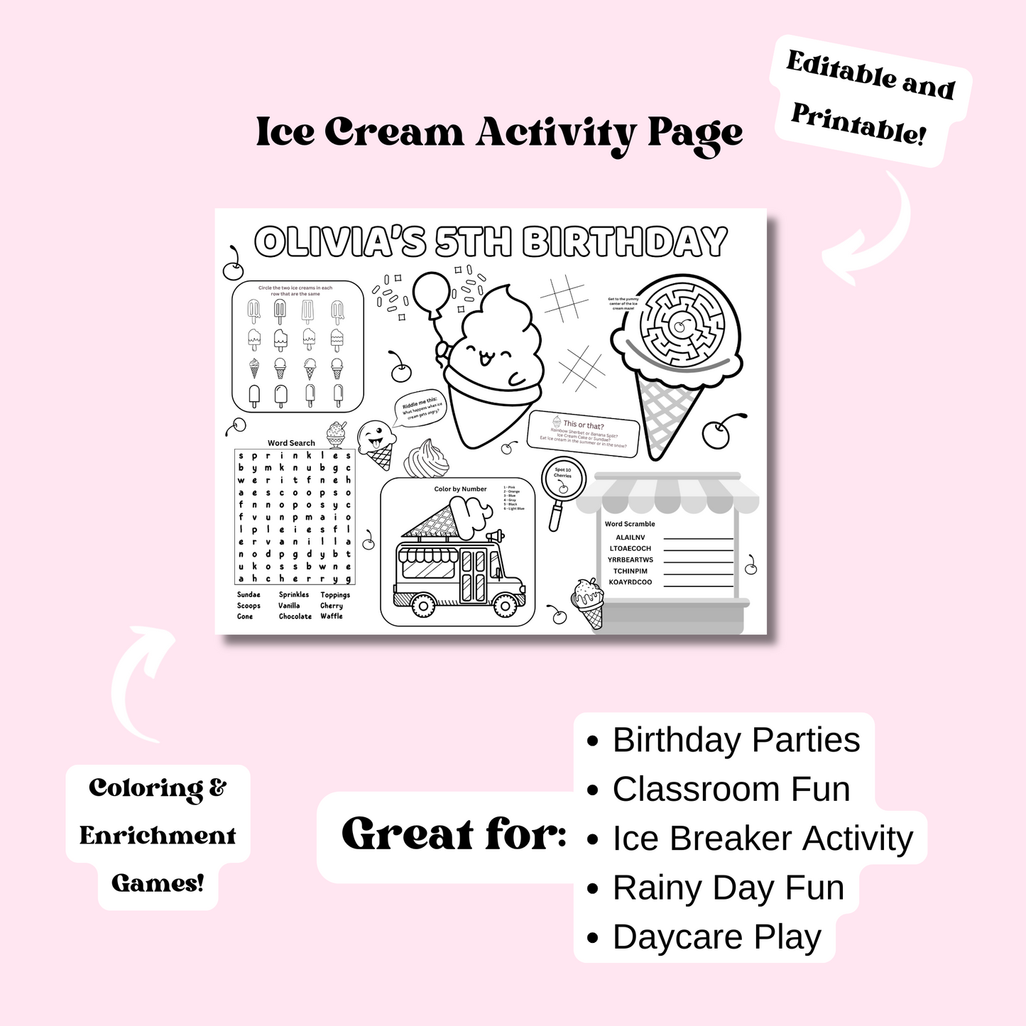 Ice Cream Themed Editable Activity Placemat, Kids Ice Cream Birthday Activity Page Template Black & White