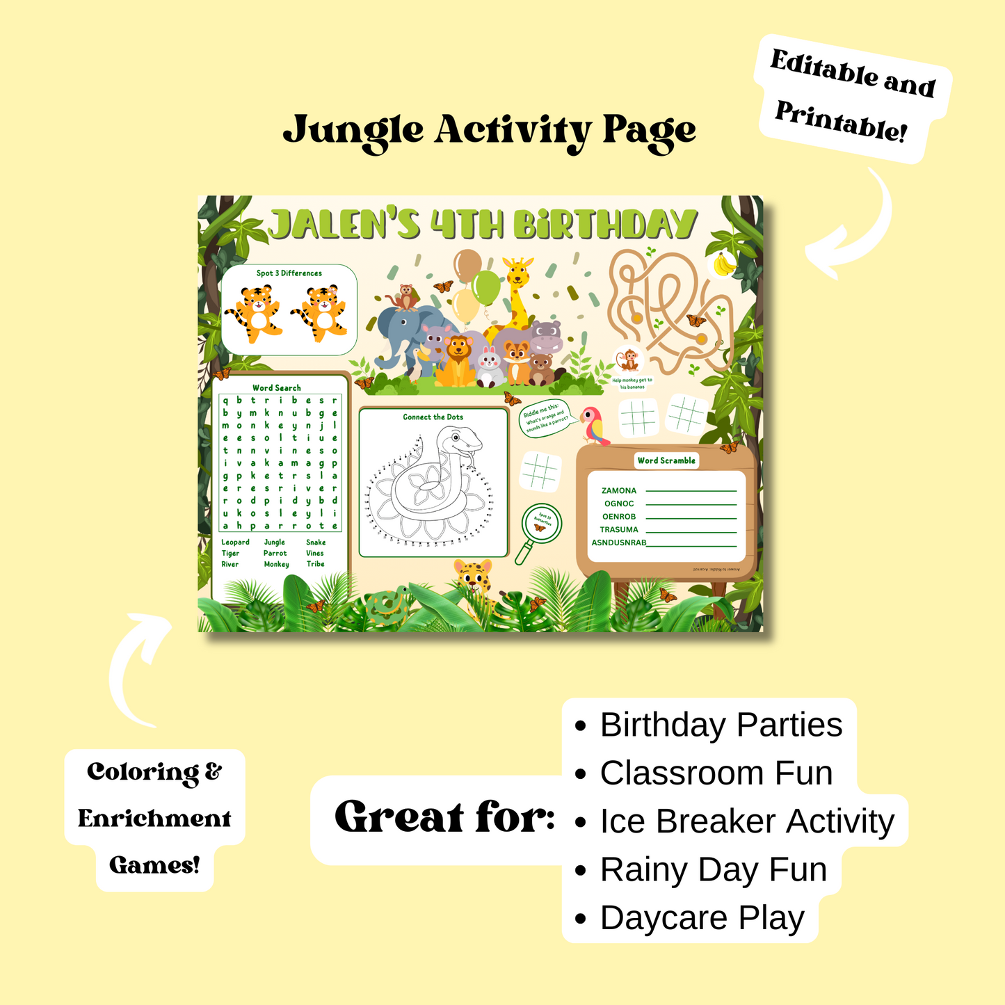 Jungle Activity Placemat, Printable Activity Sheet, Wild Animals Safari Party Game for Kids, Digital Download In Color
