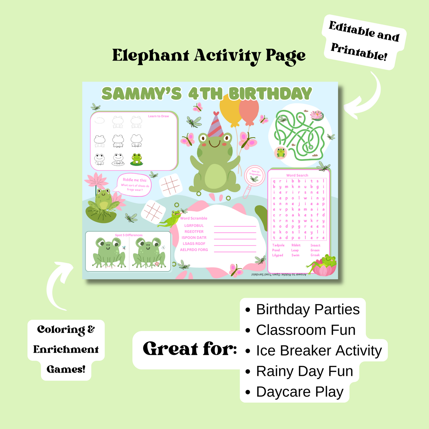Frog Editable Activity Placemat, Kids Firefighter Birthday Activity Page Template in Color