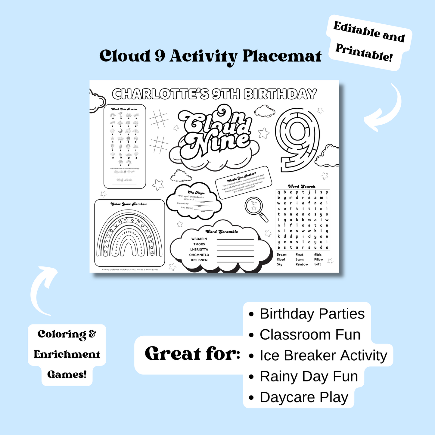 Cloud 9 Themed Editable Activity Placemat Template Black & White