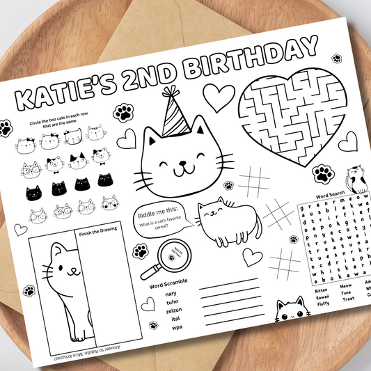 Cat Editable Activity Placemat, Kitty Cat Birthday Activity Page Template Black and White