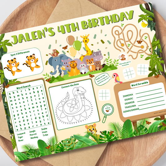 Jungle Activity Placemat, Printable Activity Sheet, Wild Animals Safari Party Game for Kids, Digital Download In Color