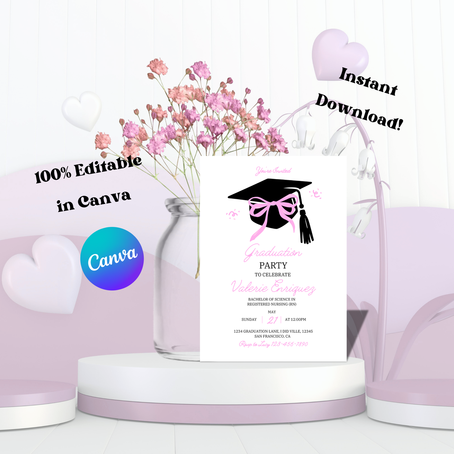 Pink Coquette Graduation Invite 5x7 Instant Download