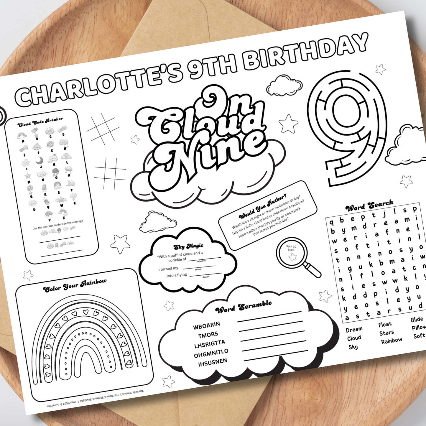 Cloud 9 Themed Editable Activity Placemat Template Black & White
