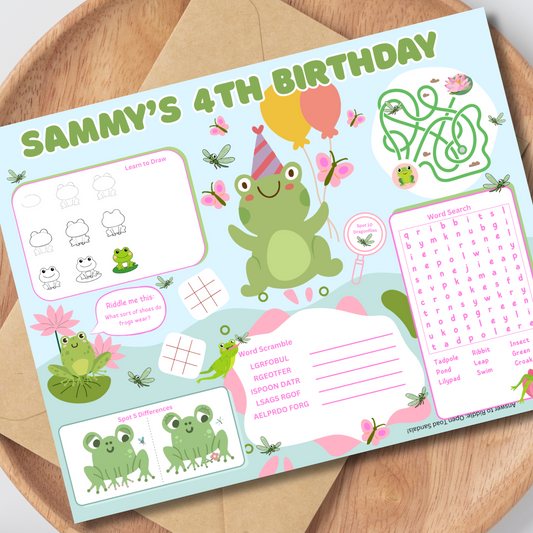 Frog Editable Activity Placemat, Kids Firefighter Birthday Activity Page Template in Color