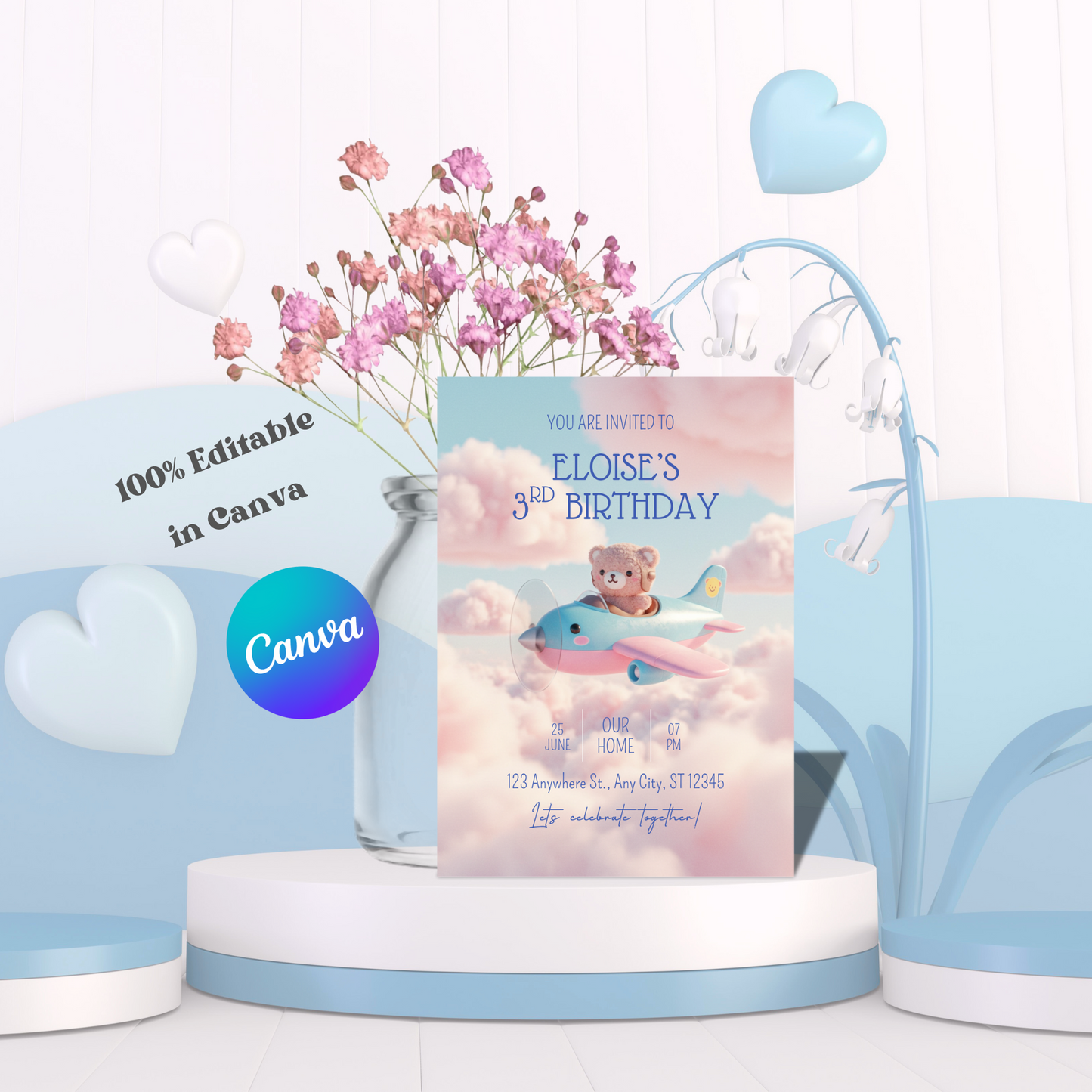 Airplane Kawaii Bear Pilot Birthday Invitation, Editable Invite, Instant Download 5x7