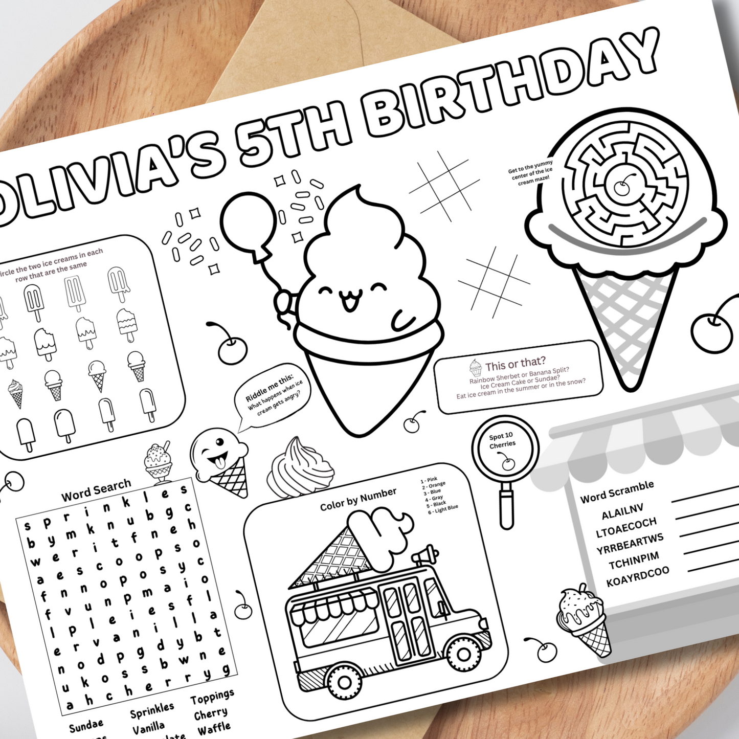 Ice Cream Themed Editable Activity Placemat, Kids Ice Cream Birthday Activity Page Template Black & White