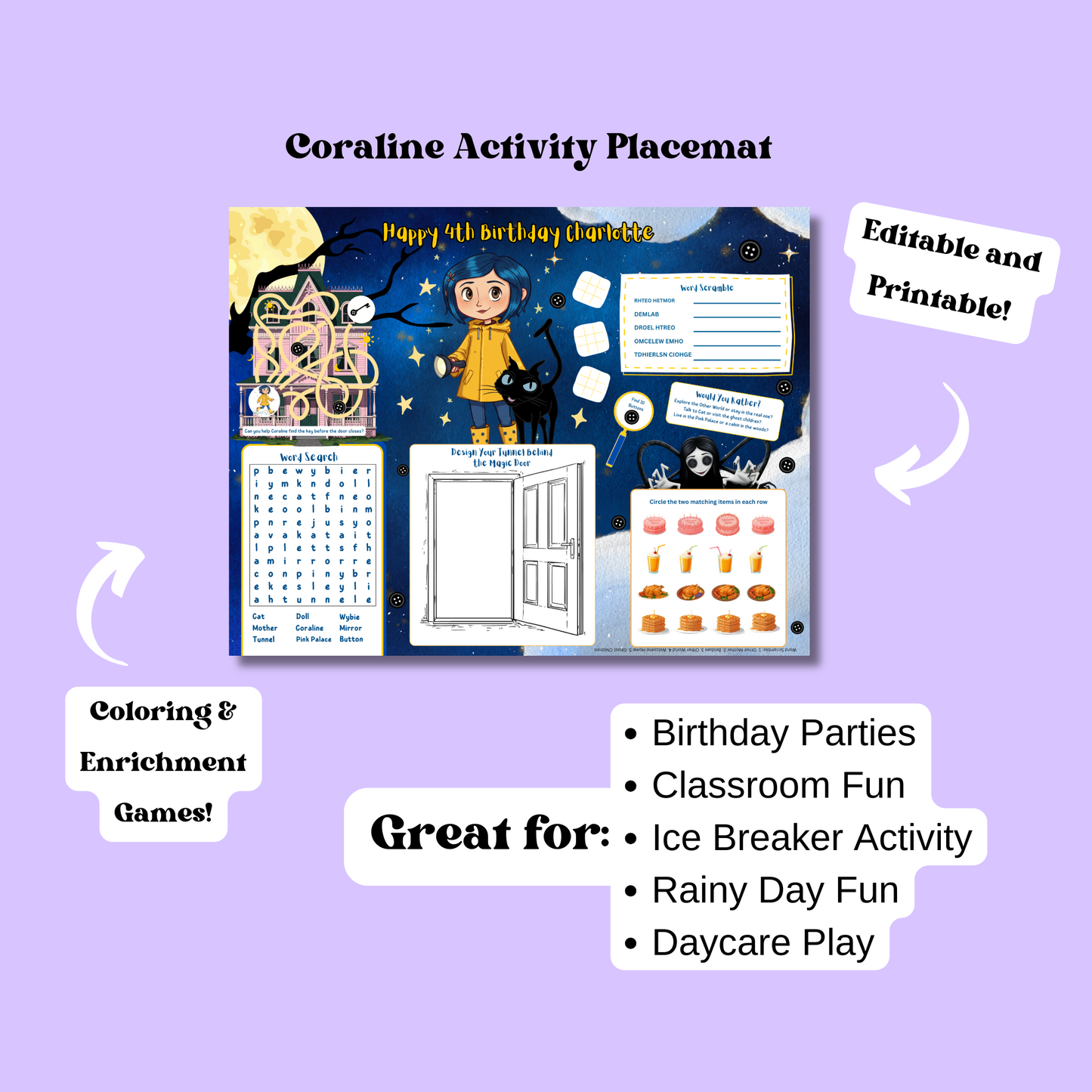 Coraline Activity Placemat Editable Template, Digital Download In Color
