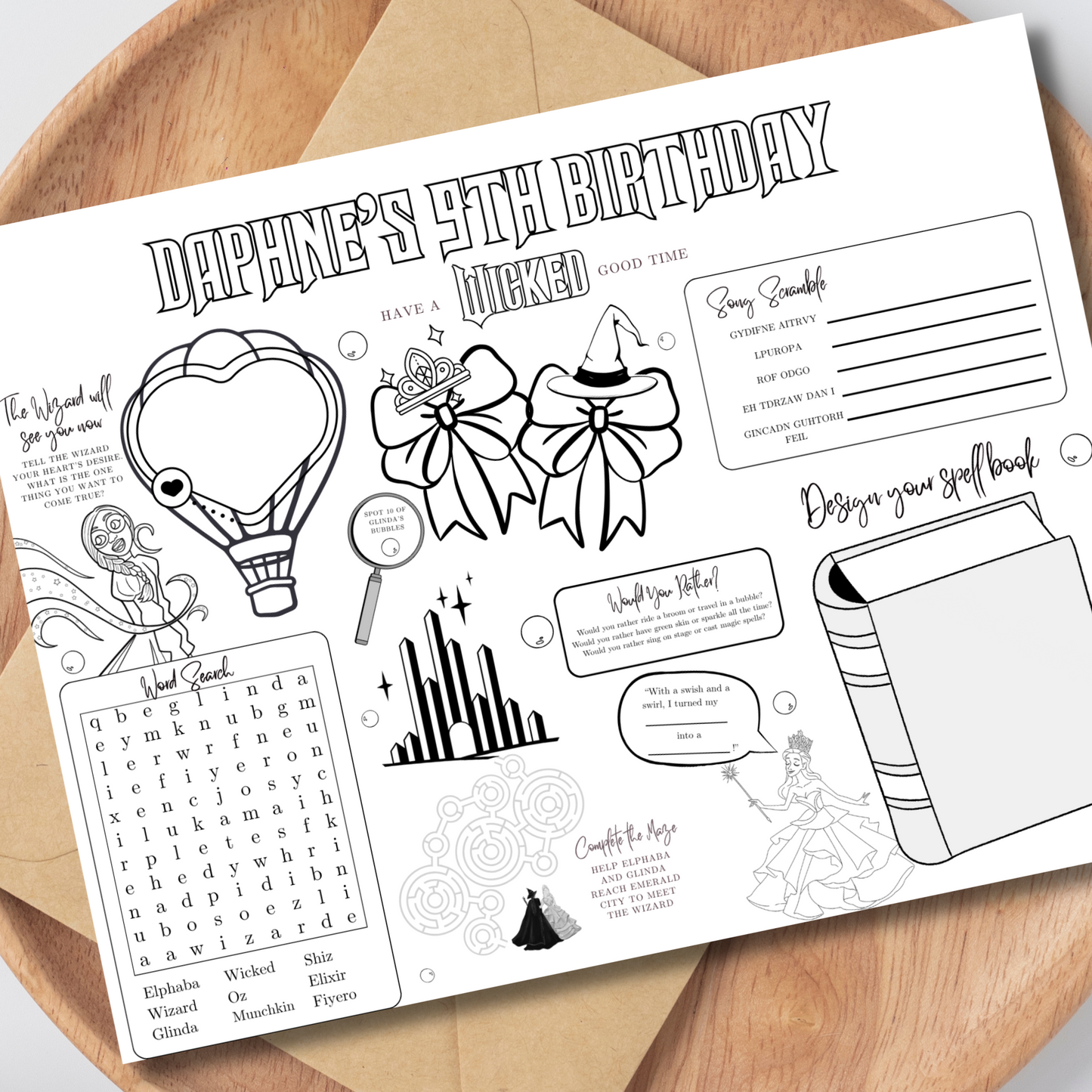Wicked Themed Editable Activity Placemat, Kids Wizard of Oz Birthday Activity Page Template Black & White