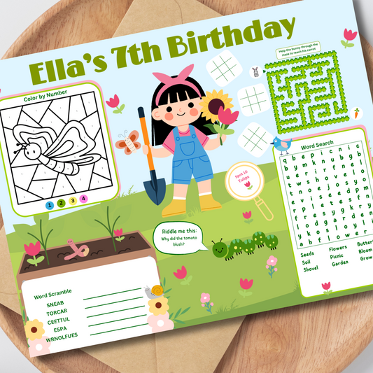 Garden Editable Activity Placemat, Kids Garden Birthday Activity Page Template in Color