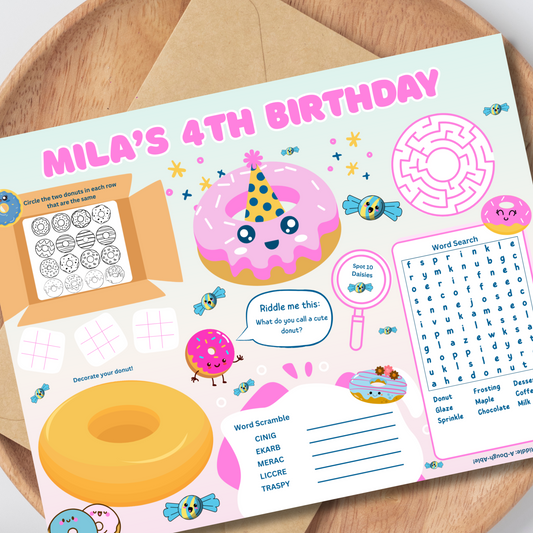 Donut Editable Activity Placemat, Cute Donut Birthday Activity Page Template in Color