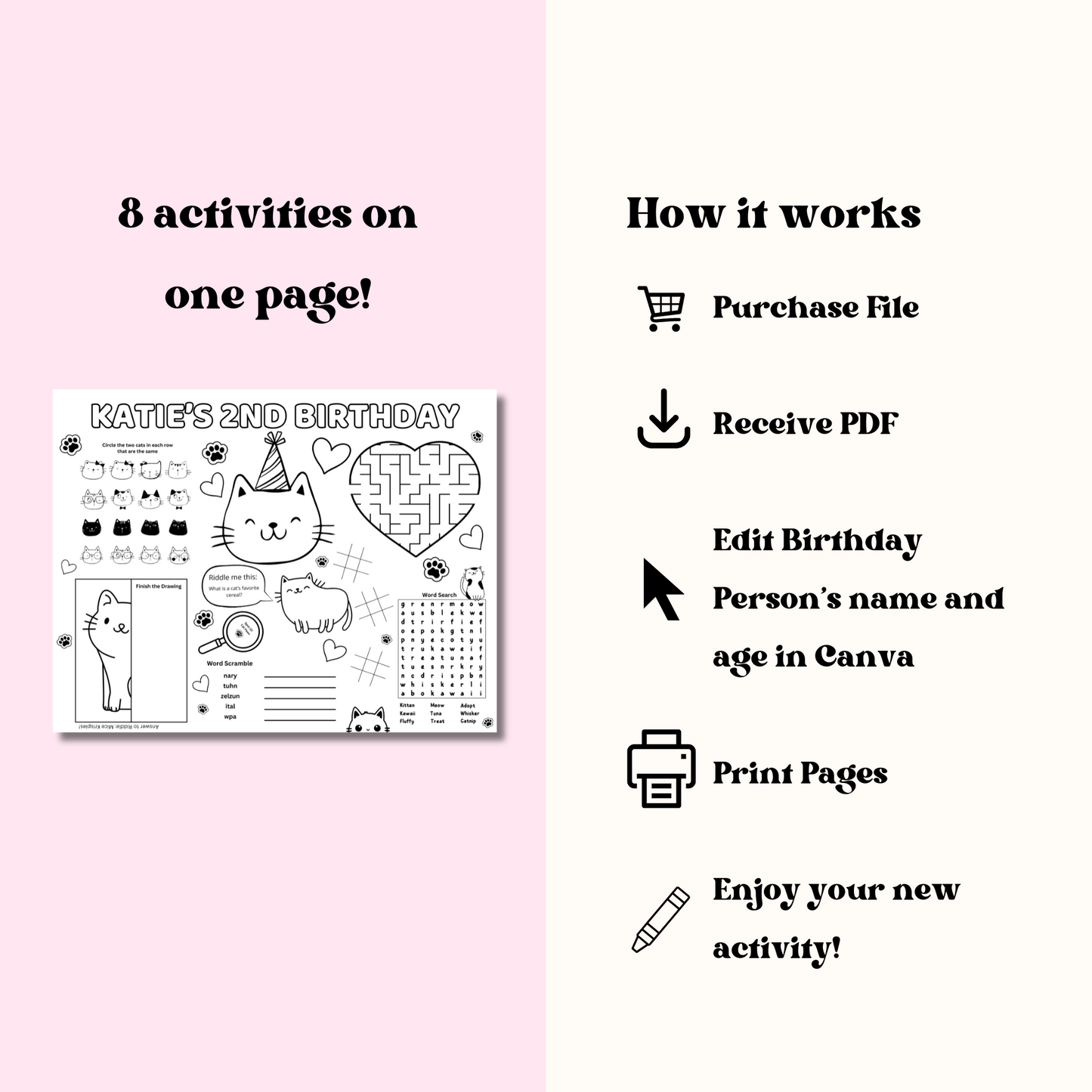 Cat Editable Activity Placemat, Kitty Cat Birthday Activity Page Template Black and White
