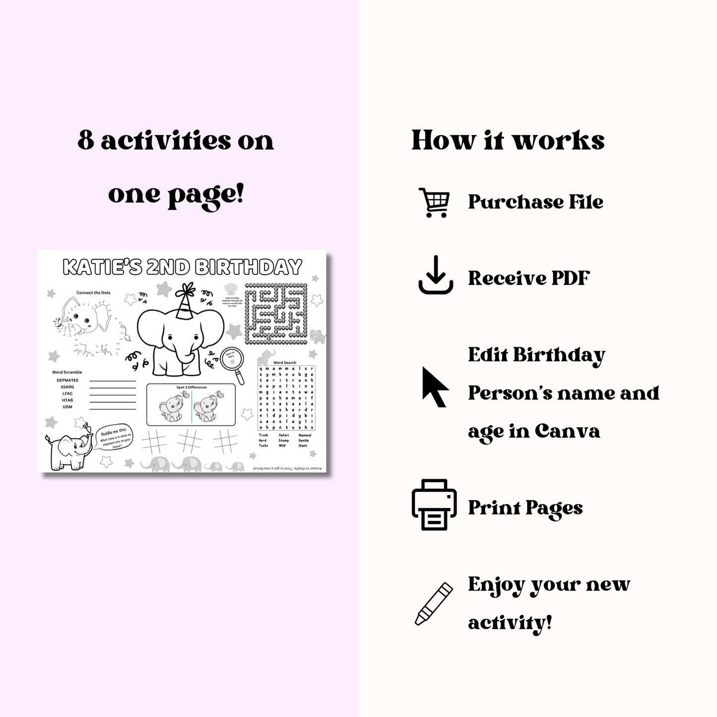 Elephant Editable Activity Placemat, Cute Elephant Birthday Activity Page Template Black & White