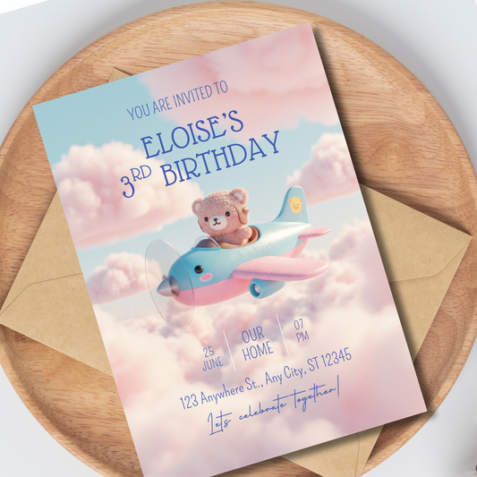 Airplane Kawaii Bear Pilot Birthday Invitation, Editable Invite, Instant Download 5x7