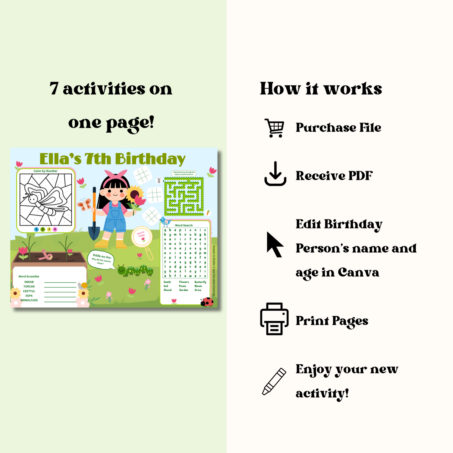 Garden Editable Activity Placemat, Kids Garden Birthday Activity Page Template in Color