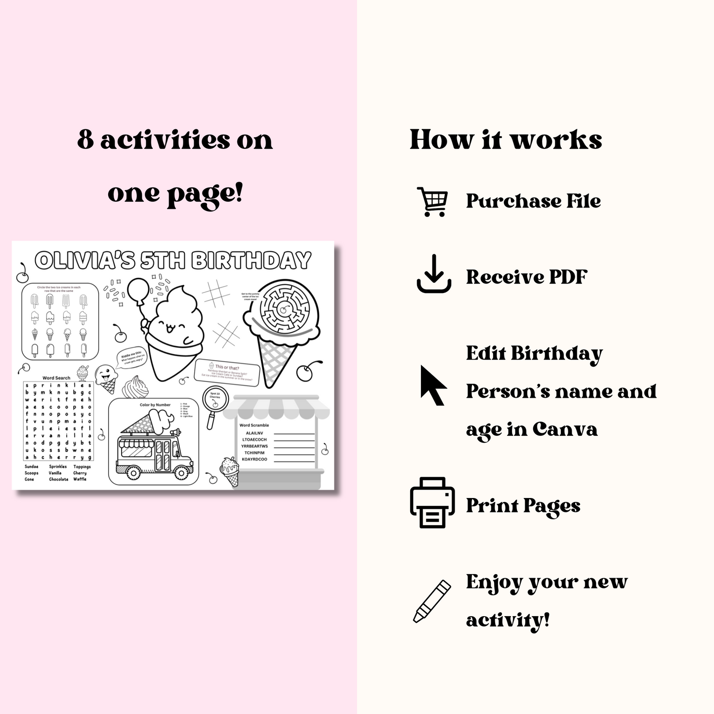 Ice Cream Themed Editable Activity Placemat, Kids Ice Cream Birthday Activity Page Template Black & White
